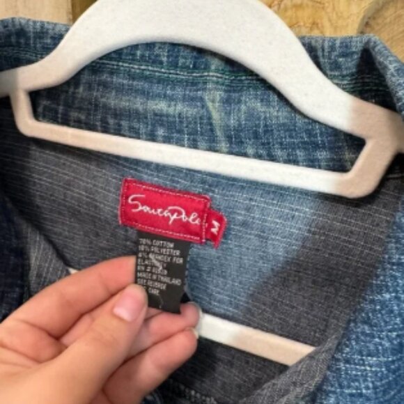 South Pole Long Sleeve Collared Cropped Button Up Jean Jacket - Picture 2 of 4